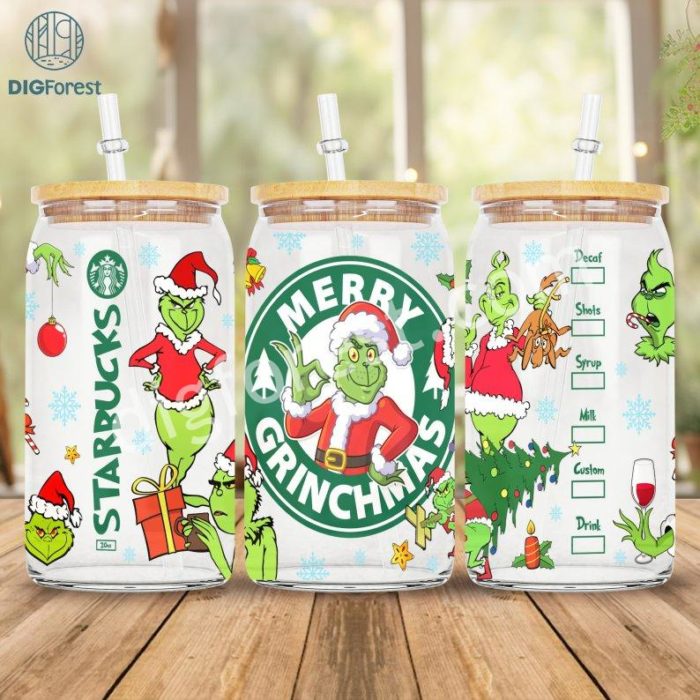 Merry Grinchmas 16oz Libbey Glass Can Wrap Design Sublimation PNG | The Grinch Christmas 2023 | Grinch Coffee Tumbler Wrap PNG