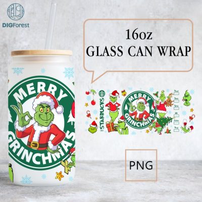 Merry Grinchmas 16oz Libbey Glass Can Wrap Design Sublimation PNG | The Grinch Christmas 2023 | Grinch Coffee Tumbler Wrap PNG
