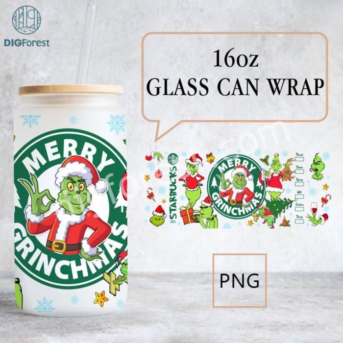 Merry Grinchmas 16oz Libbey Glass Can Wrap Design Sublimation PNG | The Grinch Christmas 2023 | Grinch Coffee Tumbler Wrap PNG