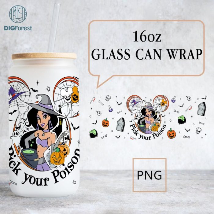 Disney Jasmine Princess 16Oz Glass Can Wrap Png | Disneyland Aladdin Glass Can Wrap | Disneyland Can Glass | Libbey Can Glass Trick or Treat