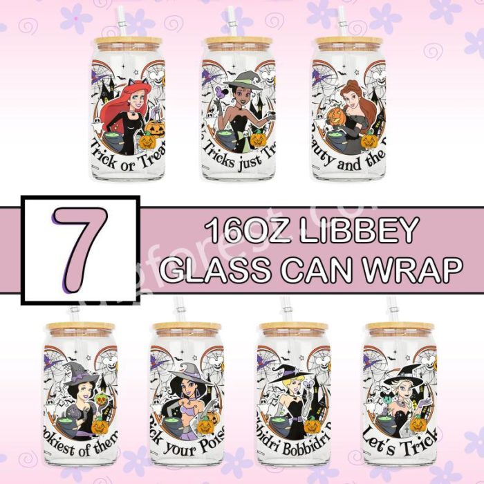 Disney Princess Bundle 16Oz Glass Can Wrap Png | Princess Halloween Glass Can Wrap | Disneyland Can Glass | Libbey Can Glass | Trick or Treat