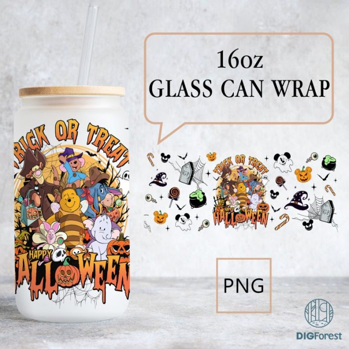 Disney Winnie The Pooh Halloween Glass Wrap, Pooh And Friends Halloween 16oz Libbey Glass Can Wrap, Trick Or Treat, Spooky Season, Halloween Png