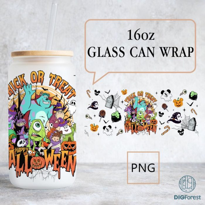 Disney Monsters Inc Halloween glass can, 16oz Libbey Glass Can Wrap, Halloween Monsters Inc Characters, Spooky Monsters, Trick or Treat Wrap PNG