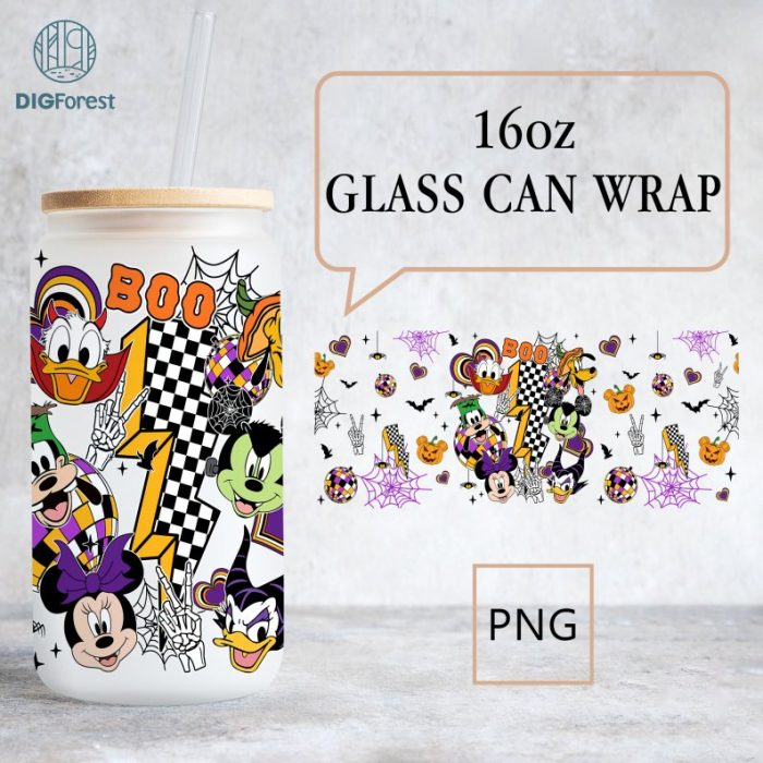 Disney Mickey Checkered Halloween Boo Team, Magic Kingdom, Halloween Costume, 16oz Libbey Glass Can Wrap, Trick Or Treat, Spooky Vibes Tumbler Wrap