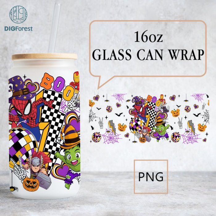 Superheroes Halloween 16oz Glass Can Wrap PNG, Cartoon Wrap, 16oz Can Glass, Superheroes PNG Wrap, Superheroes Cartoon Libbey Glass Can Wrap