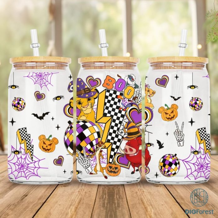 Disney Lion King Checkered Halloween PNG glass can 16oz, Simba And Friends Halloween 16oz Glass Can Wrap PNG, Animal Kingdom, Hakuna Matata Png