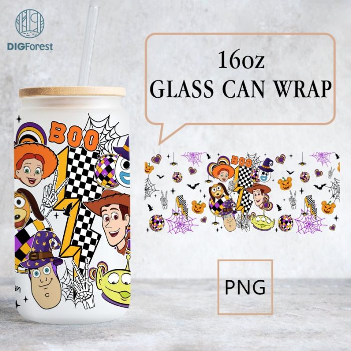 Disney Toy Story Checkered Halloween Boo Team, Buzz Lightyear Halloween Png, 16oz Libbey Glass Can Wrap, Trick Or Treat, Spooky Vibes Tumbler Wrap