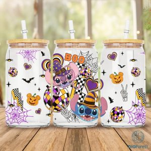 Disney Halloween Costume Stitch Coffee 16Oz Glass Wrap, Trick Or Treat Png, Spooky Vibes Png, Stitch Horror Friends Glass Can, Digital Download