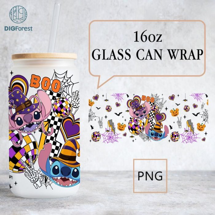 Disney Halloween Costume Stitch Coffee 16Oz Glass Wrap, Trick Or Treat Png, Spooky Vibes Png, Stitch Horror Friends Glass Can, Digital Download