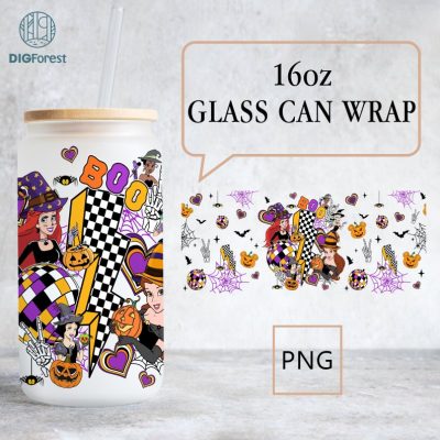 16oz Disney Princesses Halloween Glass Can Wrap, Halloween Png Wrap, Belle Snow White Ariel Tiana Aurora Png,Princesses Tumbler,Princesses Png