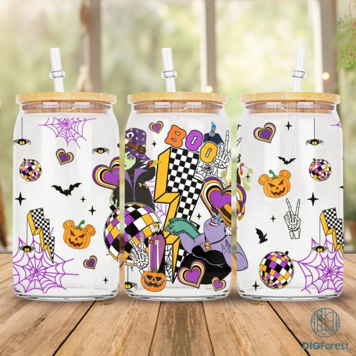 Disney Villains Halloween Checkered Boo Halloween 16oz Can Glass Wrap, Cartoon Can Glass, Libbey Can Glass, Can Glass Wrap, Sublimation Design Png