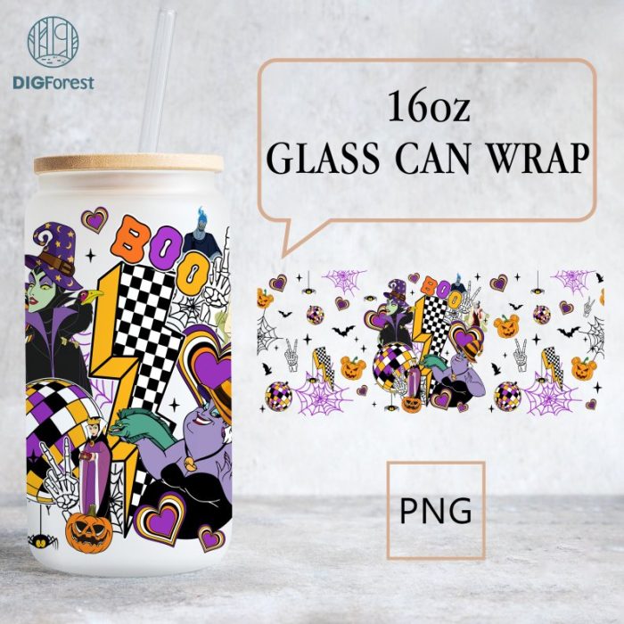 Disney Villains Halloween Checkered Boo Halloween 16oz Can Glass Wrap, Cartoon Can Glass, Libbey Can Glass, Can Glass Wrap, Sublimation Design Png