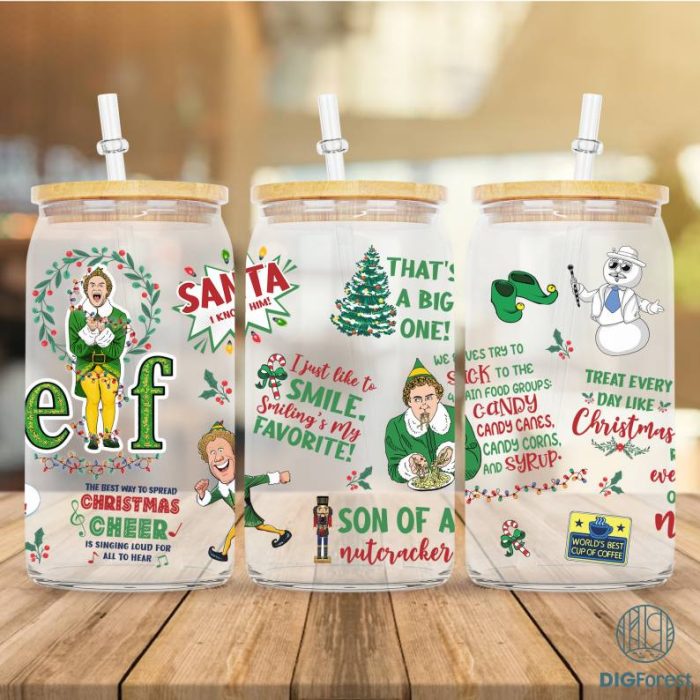 Buddy The Elf Christmas 16oz Libbey Glass Can Wrap, Christmas Elf Glass Can Sublimation Png, Son Of A Nutcracker, Christmas Coffee Png File