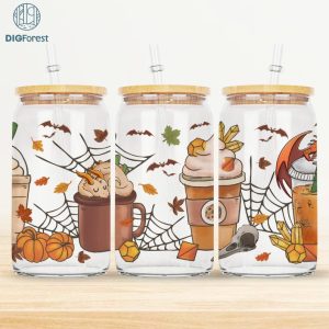 Fall Coffee Glass Wrap PNG, Fall Coffee Pumpkin Spice Latte 16oz Libbey Can Wrap, Fall Beer Can Glass, Iced Coffee Cup, Digital Download