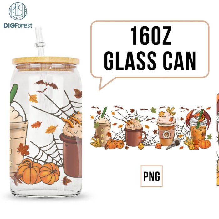 Fall Coffee Glass Wrap PNG, Fall Coffee Pumpkin Spice Latte 16oz Libbey Can Wrap, Fall Beer Can Glass, Iced Coffee Cup, Digital Download