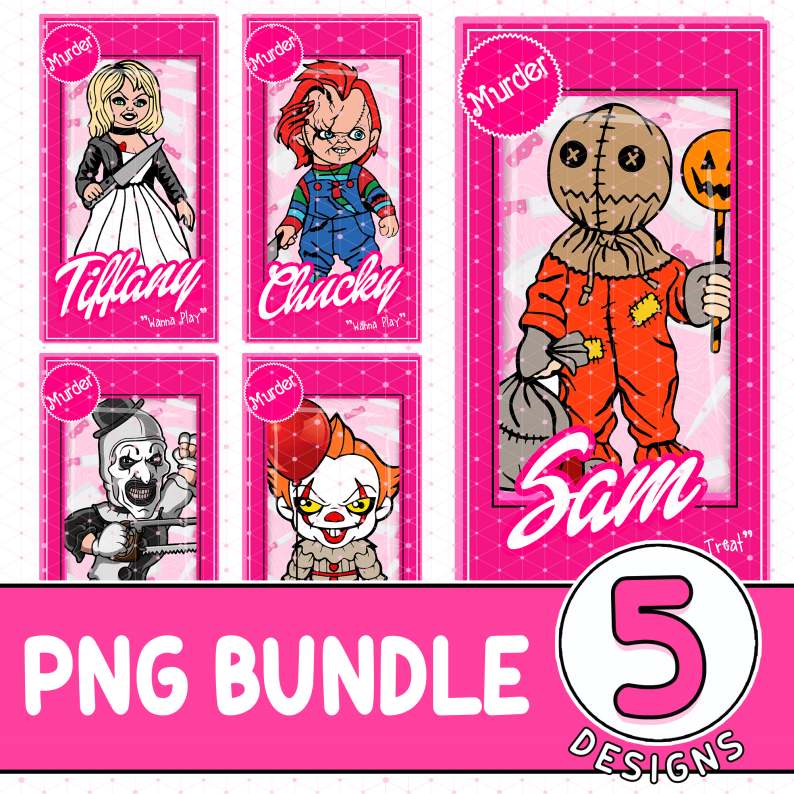 Set 5 Horror Dolls PNG Set - Horror Characters Shirt- Horror Characters Bundle - Baby doll PNG - PennyWise Sam Chucky Tiffany Terrifier