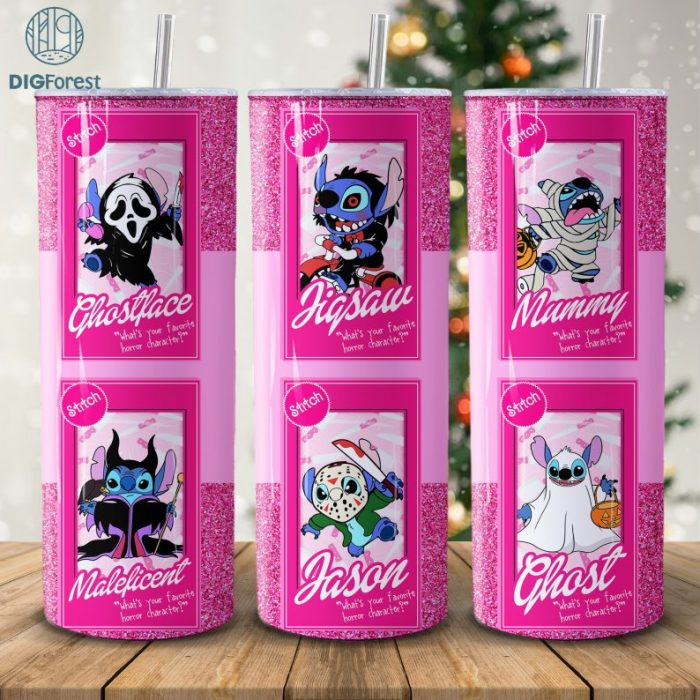 Horror Characters Pink 20oz Tumbler Wrap Png, Disney Stitch Halloween Horror Png, Horror Dolls 20 oz Sublimation, Cute Horror Dolls PNG, Halloween