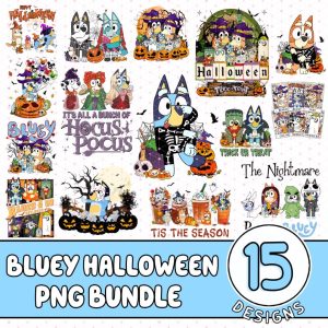 15 Blue Dog Halloween Sublimation Png Bundle, Bluey & Co Halloween PNG, Bluey Halloween Costume, Trick or Treat, Witches, Horror Halloween