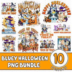 10 Bluey Halloween Sublimation Png Bundle, Blue Dog Halloween PNG Bundle, Bluey Halloween Costume, Trick or treat, Witches, Horror Halloween
