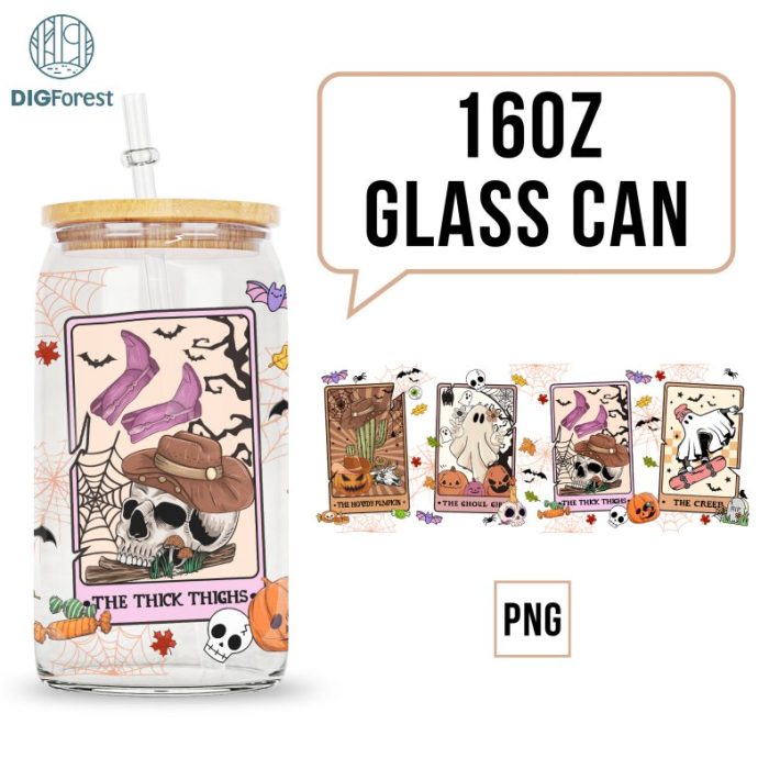 16oz Libbey Can Wrap, Ghost Tarrot Cards Glass Wrap PNG, Halloween Ghost Tarot Card Png, Retro Halloween Png, Retro Western Png, Download