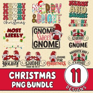 Christmas PNG Bundle, Christmas Gnome PNG, Merry Christmas Png, Merry And Bright, Instant Download, Sublimation Designs, Digital Download