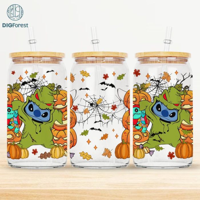 Disney Halloween Costume Stitch Glass Wrap png, 16oz Libbey Glass Can Wrap, Trick Or Treat, Spooky Vibes, Stitch Horror friends Tumbler Wrap