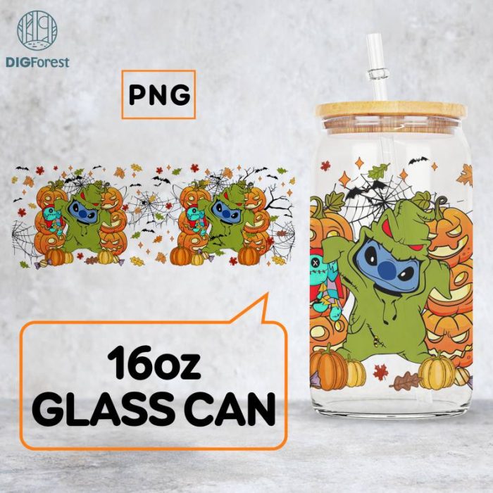 Disney Halloween Costume Stitch Glass Wrap png, 16oz Libbey Glass Can Wrap, Trick Or Treat, Spooky Vibes, Stitch Horror friends Tumbler Wrap