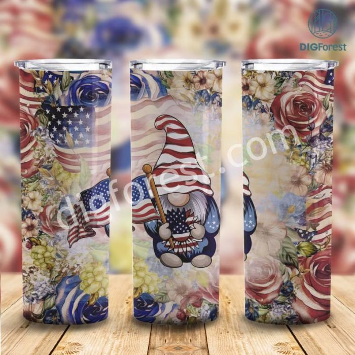 Gnome 20 oz Skinny Tumbler Sublimation Design Digital Download PNG Instant DIGITAL | American Flag Patriotic 4th of July Tumbler