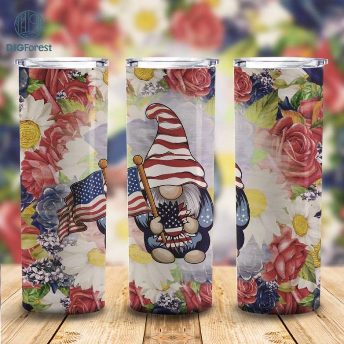 Gnome 20 oz Skinny Tumbler Sublimation Design Digital Download PNG Instant DIGITAL | American Flag Patriotic 4th of July Tumbler