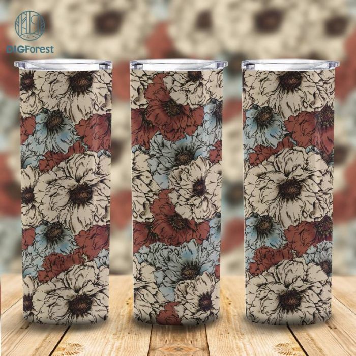 Flowers 20 oz Skinny Tumbler Sublimation Design Wrap | American Flag Patriotic 4th of July Tumbler 20oz | Digital Download