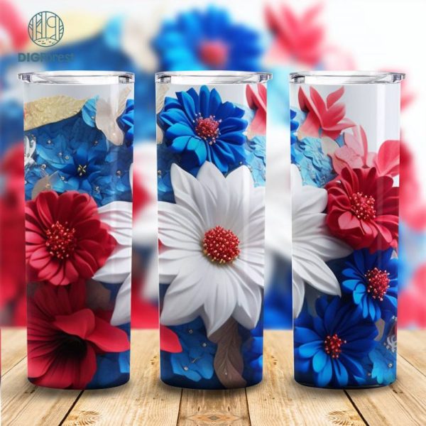 3D Clay American Flag Flowers 20 oz Skinny Tumbler, Sublimation Design, Digital Download, Straight Tumbler Wrap PNG, Instant Download