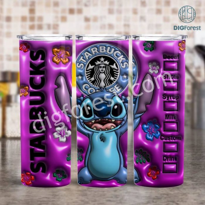 Disney Stitch Coffee Skinny Tumbler 20oz Sublimation, Stitch Tumbler Png, 3D Inflated Puff Stitch, Cartoon Skinny Tumbler, 20oz Tumbler Wrap PNG