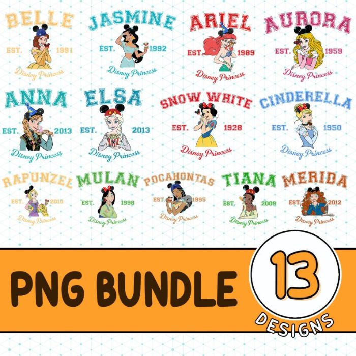 Disney Princess Bundle Png, Princess Characters Png, Ariel Tiana Jasmine Cinderella Princess Png, Disneyworld Trip Design