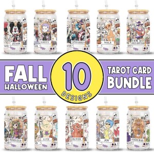 Halloween Tarot Card Bundle 16oz Libbey Glass Can Wrap, Fall Halloween Coffee Cups Design, Beer Can Halloween Frosted Glass Mickey & Friends