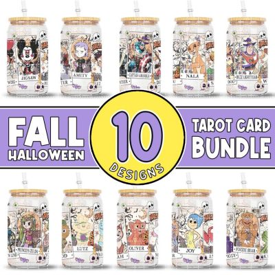 Halloween Tarot Card Bundle 16oz Libbey Glass Can Wrap, Fall Halloween Coffee Cups Design, Beer Can Halloween Frosted Glass Mickey & Friends