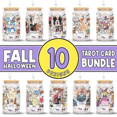 Disneyland Halloween Bundle 16oz Libbey Glass Can Wrap, Disney Spooky Season Glass Can Tarot Card Halloween Frosted Glass Mickey and Friends Libbey