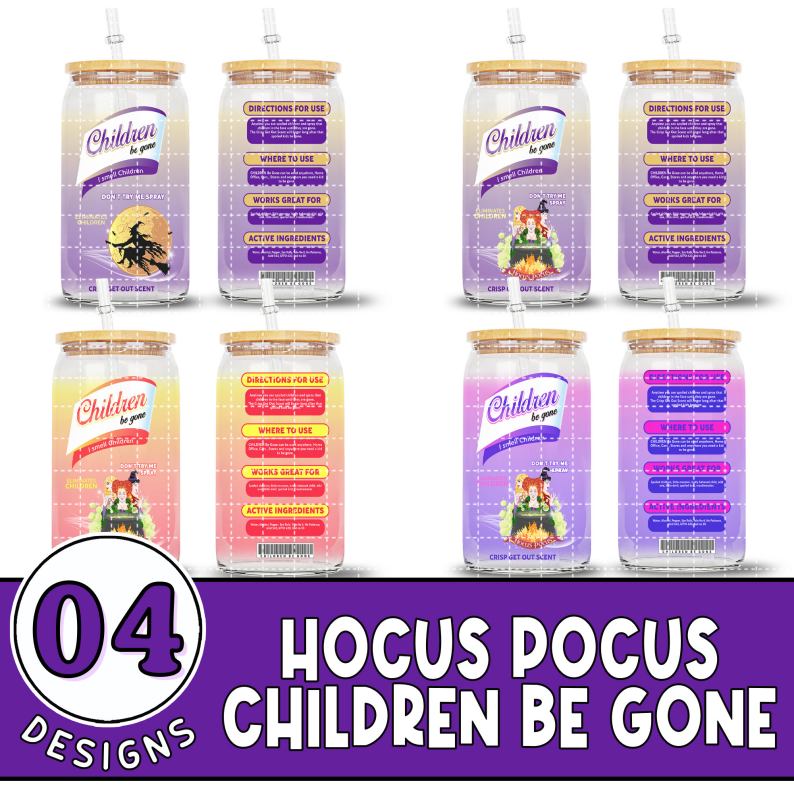 Hocus Pocus Children Be Gone Bundle 16oz Libbey Glass Can Wrap, Halloween Glass Can Png Children Be Gone Sanderson Sisters, Instant Download