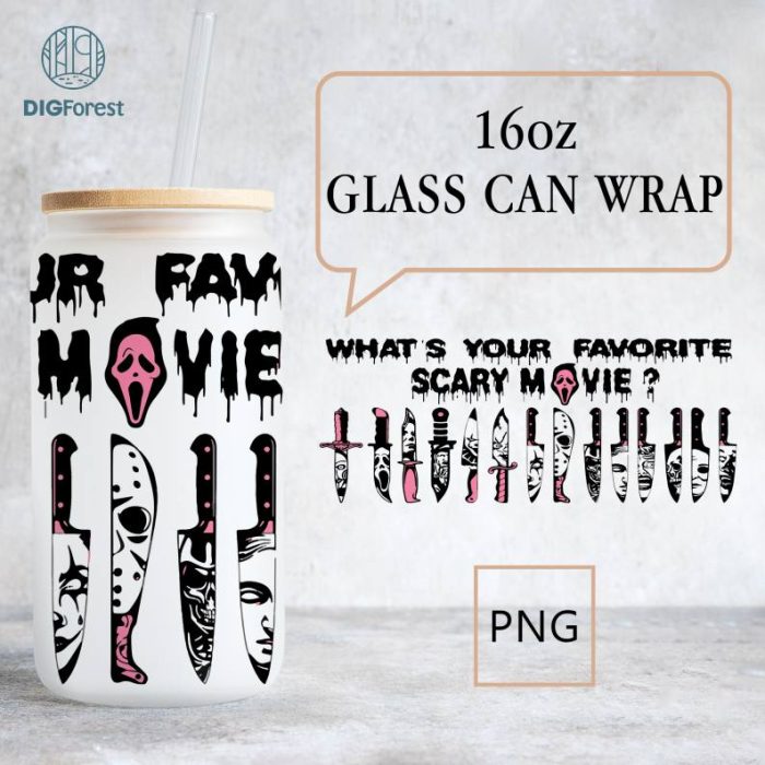 16oz Libbey Glass Can Wrap, Horror Movie Characters Friends Glass Wrap PNG, Scary Faces, Horror movie Villains Libbey Tumbler Wrap Template