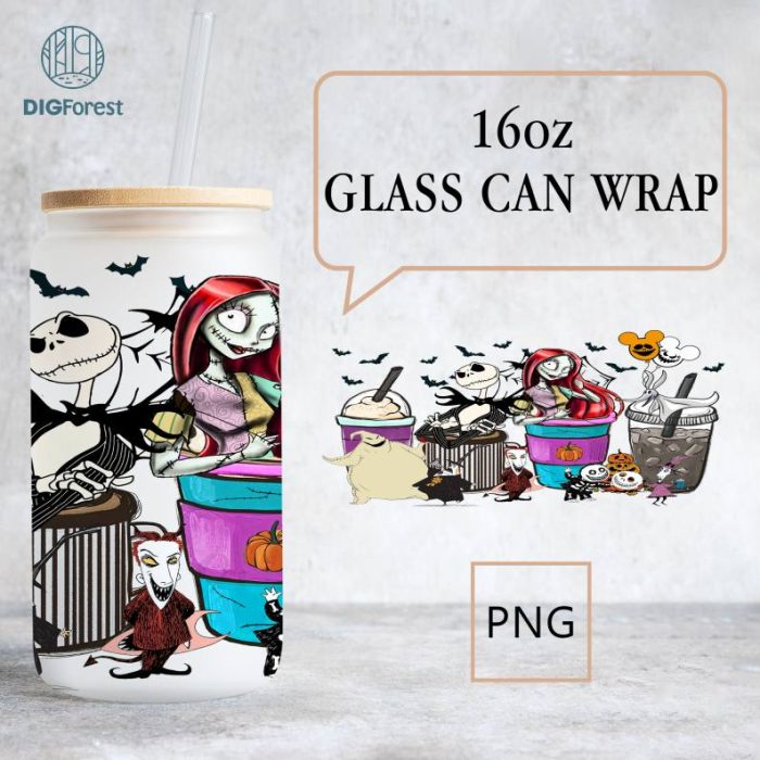 Jack Skellington Halloween Scary Faces Glass Wrap Png, 16oz Libbey Glass Can Wrap, Spooky Vibes, Funny Scary Horror Seamless Tumbler Wrap