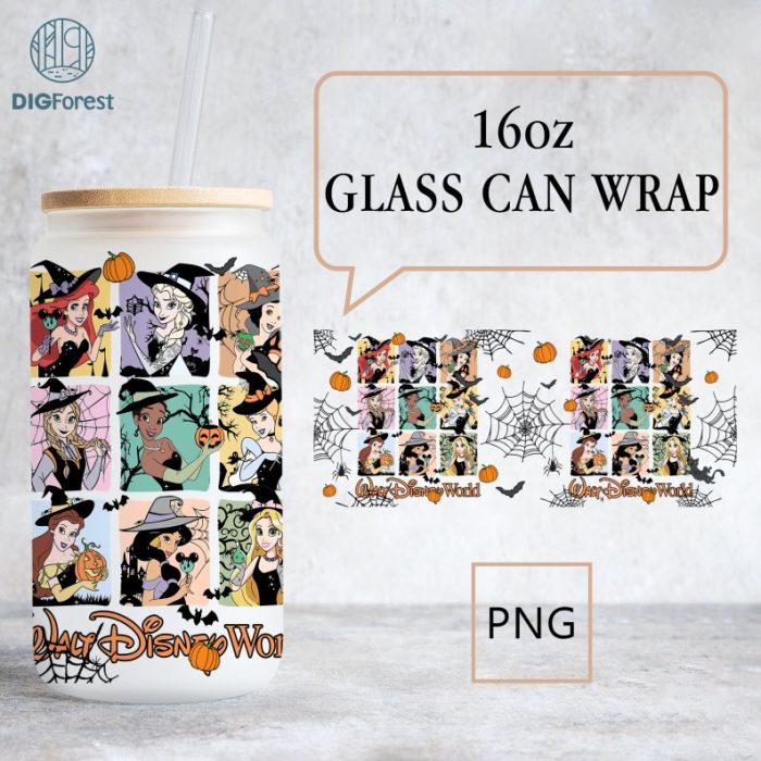 Disney Princess Halloween 16oz Can Glass Wrap, Libbey Can Glass, Can Glass Wrap, Halloween Png,Trick or Treat, Princess Png