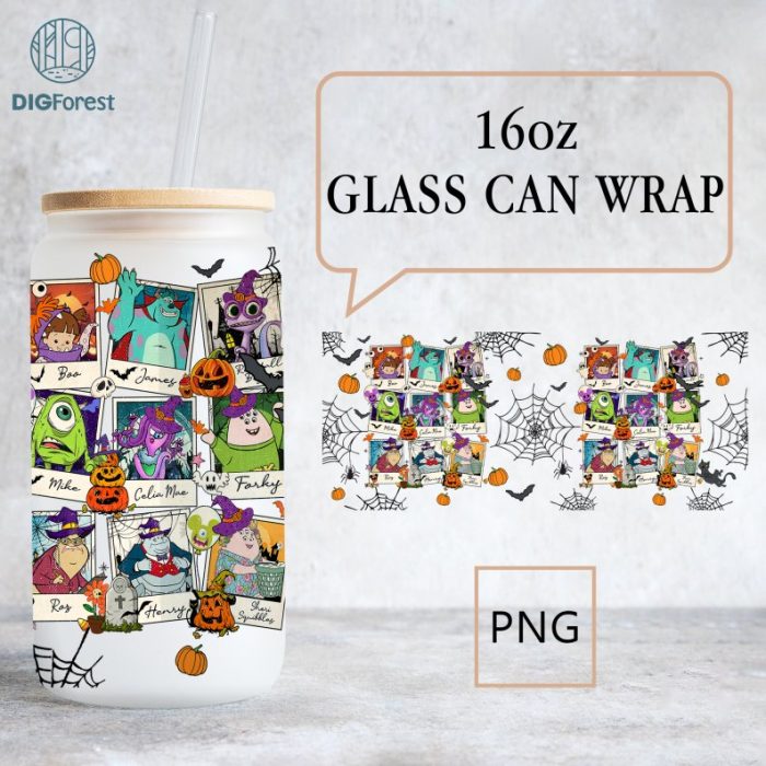 Disney Monsters INC Halloween 16oz glass can, 16oz Libbey Glass Can Wrap, Halloween Monsters Inc Characters, Spooky Monsters, Trick or Treat Wrap PNG