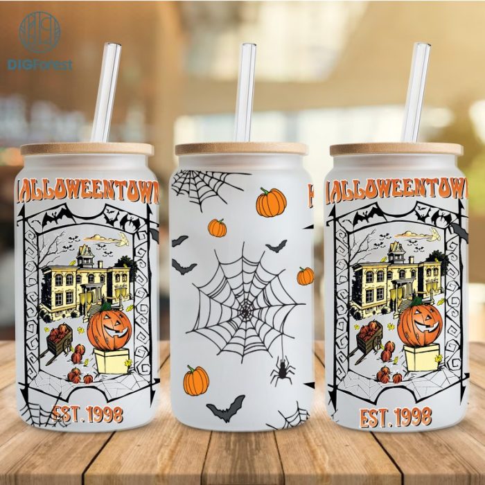 Halloweentown Est 1998 16oz Can Glass Wrap, Halloweentown University Glass Wrap, Libbey Can Glass, Halloween Pumpkin Png