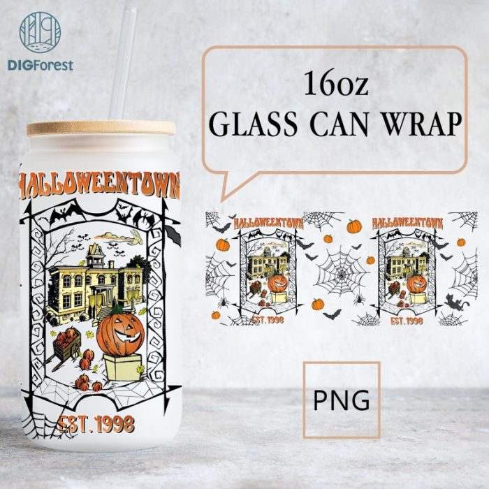 Halloweentown Est 1998 16oz Can Glass Wrap, Halloweentown University Glass Wrap, Libbey Can Glass, Halloween Pumpkin Png