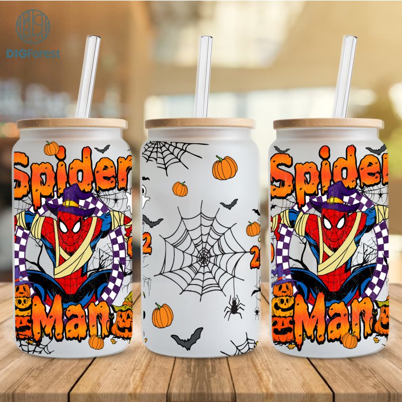 Spider Man Cartoon 16oz Libbey Glass Can, Libbey Can Glass Spider Man 2023, Superhero Halloween Png, Superhero Wrap, Spider Png