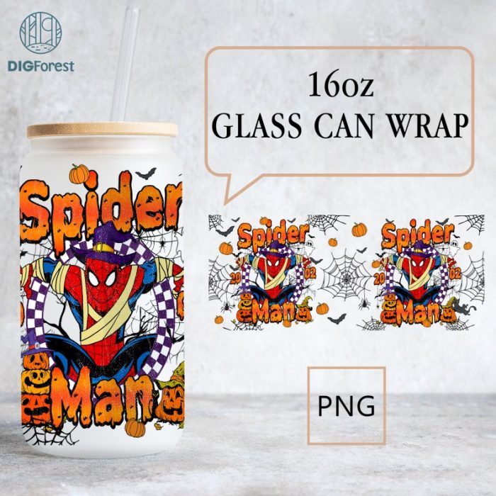 Spider Man Cartoon 16oz Libbey Glass Can, Libbey Can Glass Spider Man 2023, Superhero Halloween Png, Superhero Wrap, Spider Png