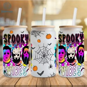 Spooky Vibes Halloween 16oz Can Glass Wrap, Horror Face Characters Can Glass, Libbey Can Glass, Horror Movies Can Glass Wrap, Halloween Png