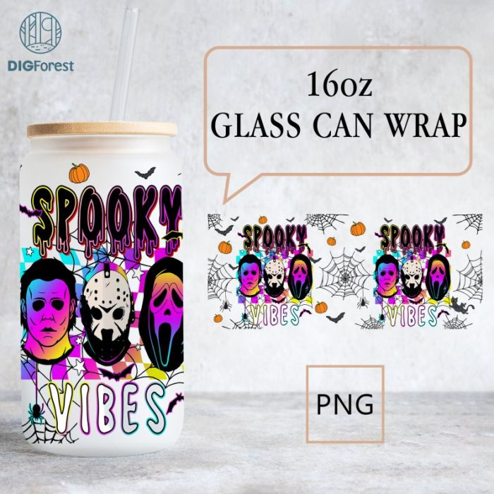 Spooky Vibes Halloween 16oz Can Glass Wrap, Horror Face Characters Can Glass, Libbey Can Glass, Horror Movies Can Glass Wrap, Halloween Png