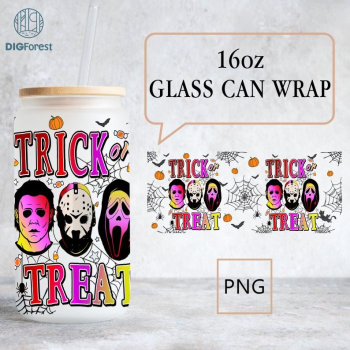 Trick Or Treat Halloween 16oz Can Glass Wrap, Horror Face Characters Can Glass, Libbey Can Glass, Horror Movies Can Glass Wrap,Halloween Png