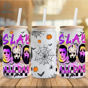 Slay all day Halloween 16oz Can Glass Wrap, Horror Face Characters Can Glass, Libbey Can Glass, Scary Movies Can Glass Wrap, Halloween Png