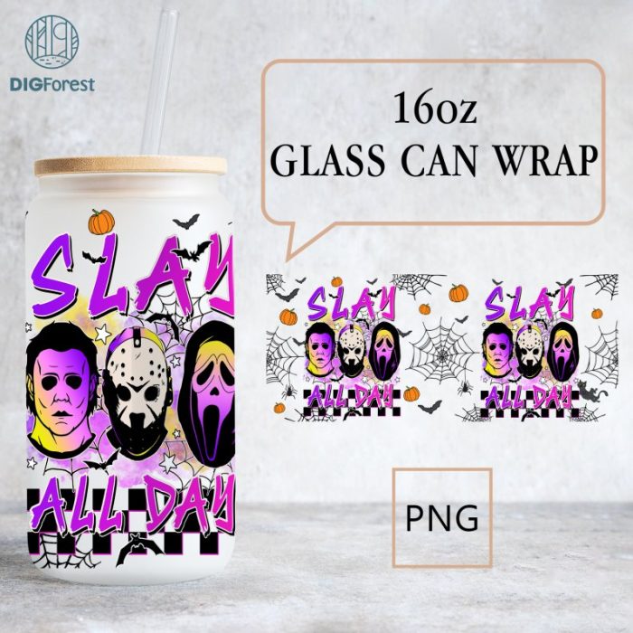 Slay all day Halloween 16oz Can Glass Wrap, Horror Face Characters Can Glass, Libbey Can Glass, Scary Movies Can Glass Wrap, Halloween Png